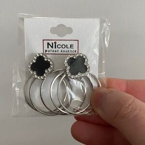 Nicole Black and Silver Floral Hoop Earrings